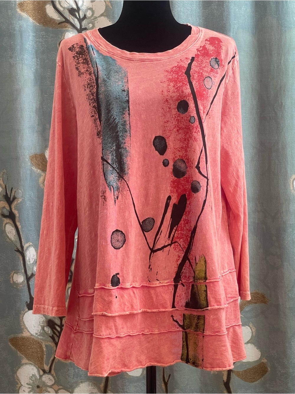 JESS & JANE mineral washed contrast cotton tunic in salmon color.